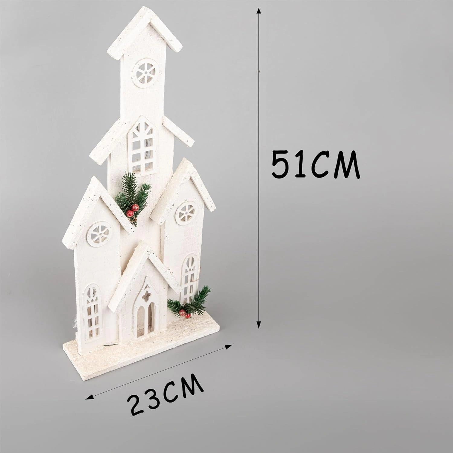 Christmas Tabletop LED Wooden House 51cm Snowy White Centerpiece Xmas Decoration