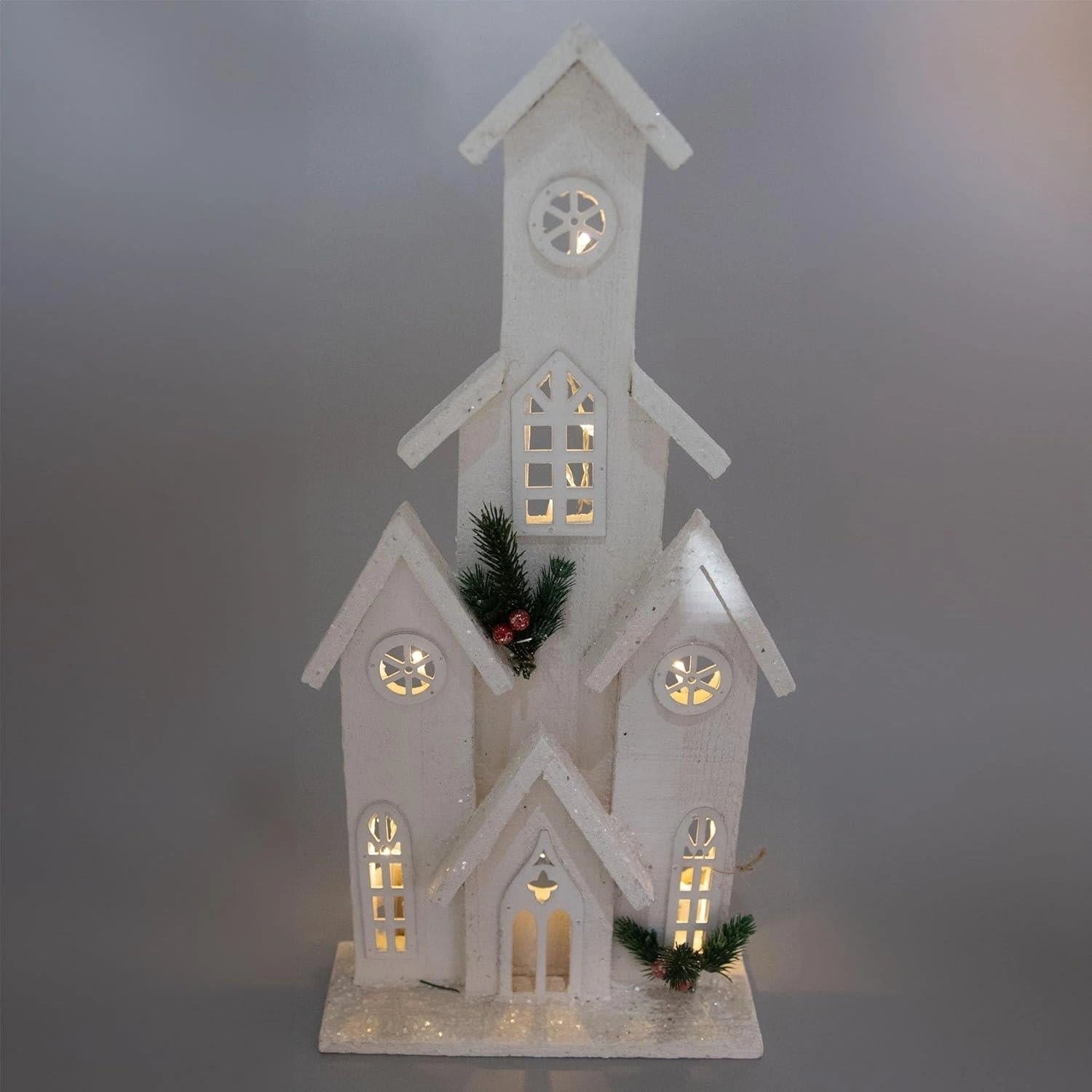 Christmas Tabletop LED Wooden House 51cm Snowy White Centerpiece Xmas Decoration