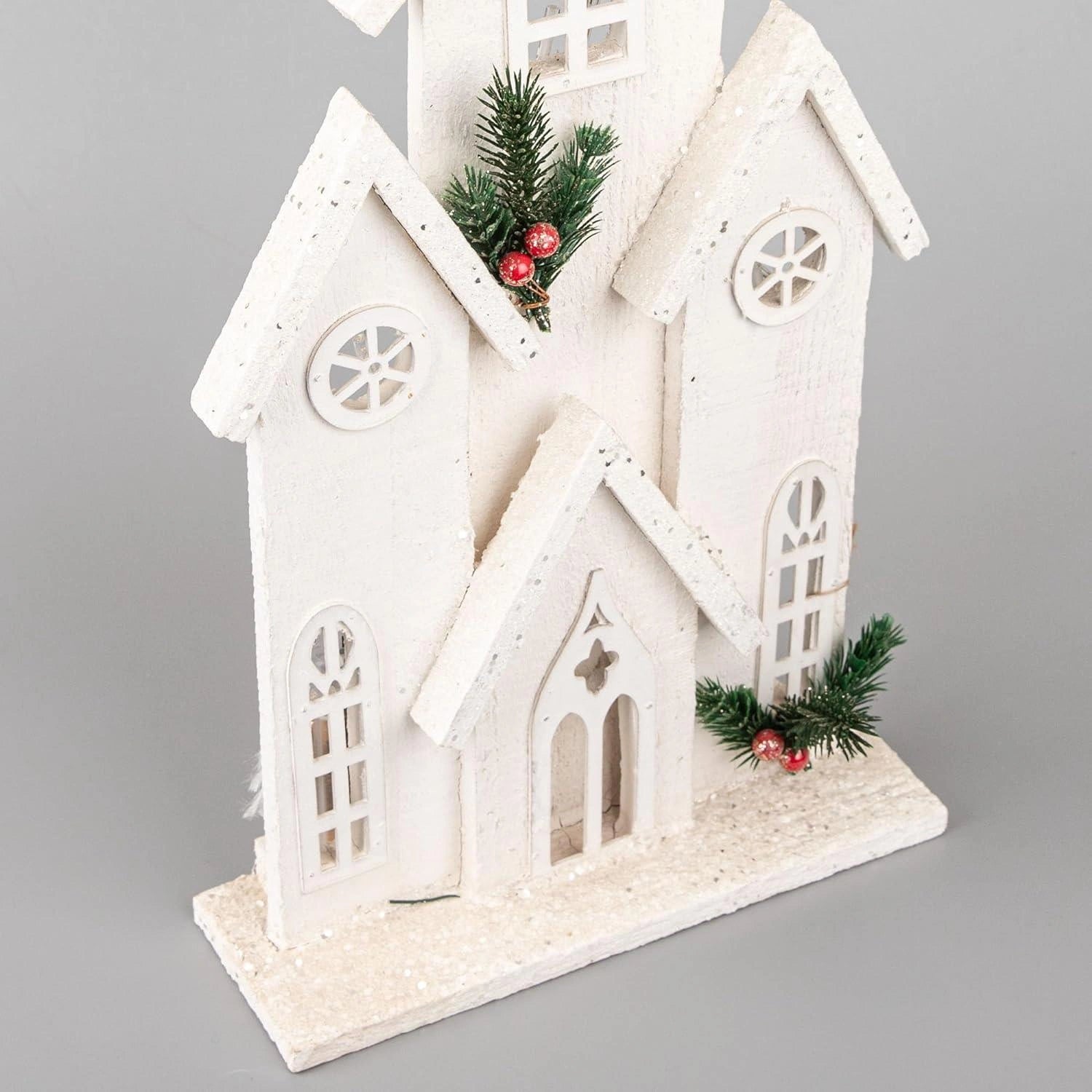 Christmas Tabletop LED Wooden House 51cm Snowy White Centerpiece Xmas Decoration