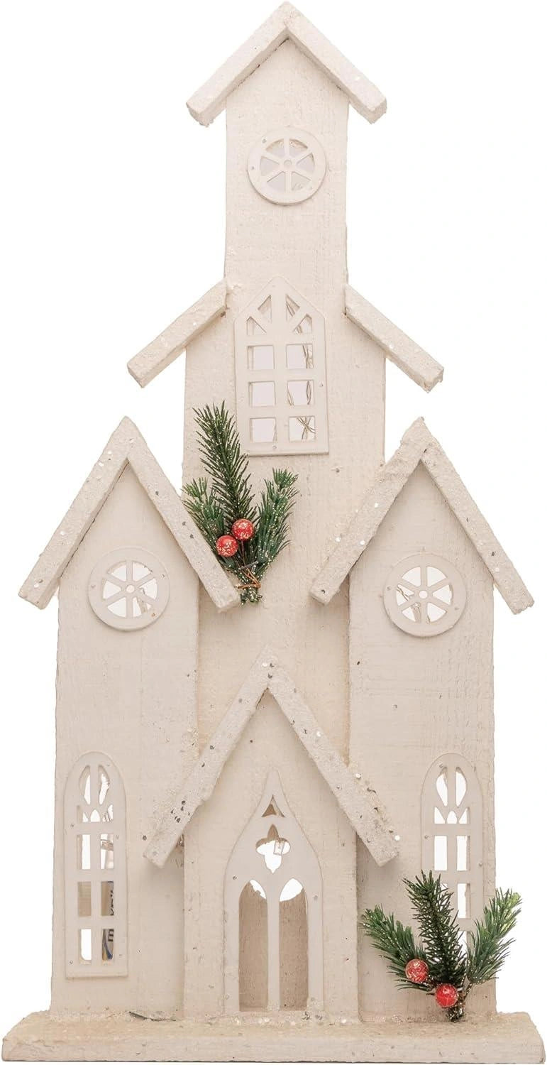 Christmas Tabletop LED Wooden House 51cm Snowy White Centerpiece Xmas Decoration