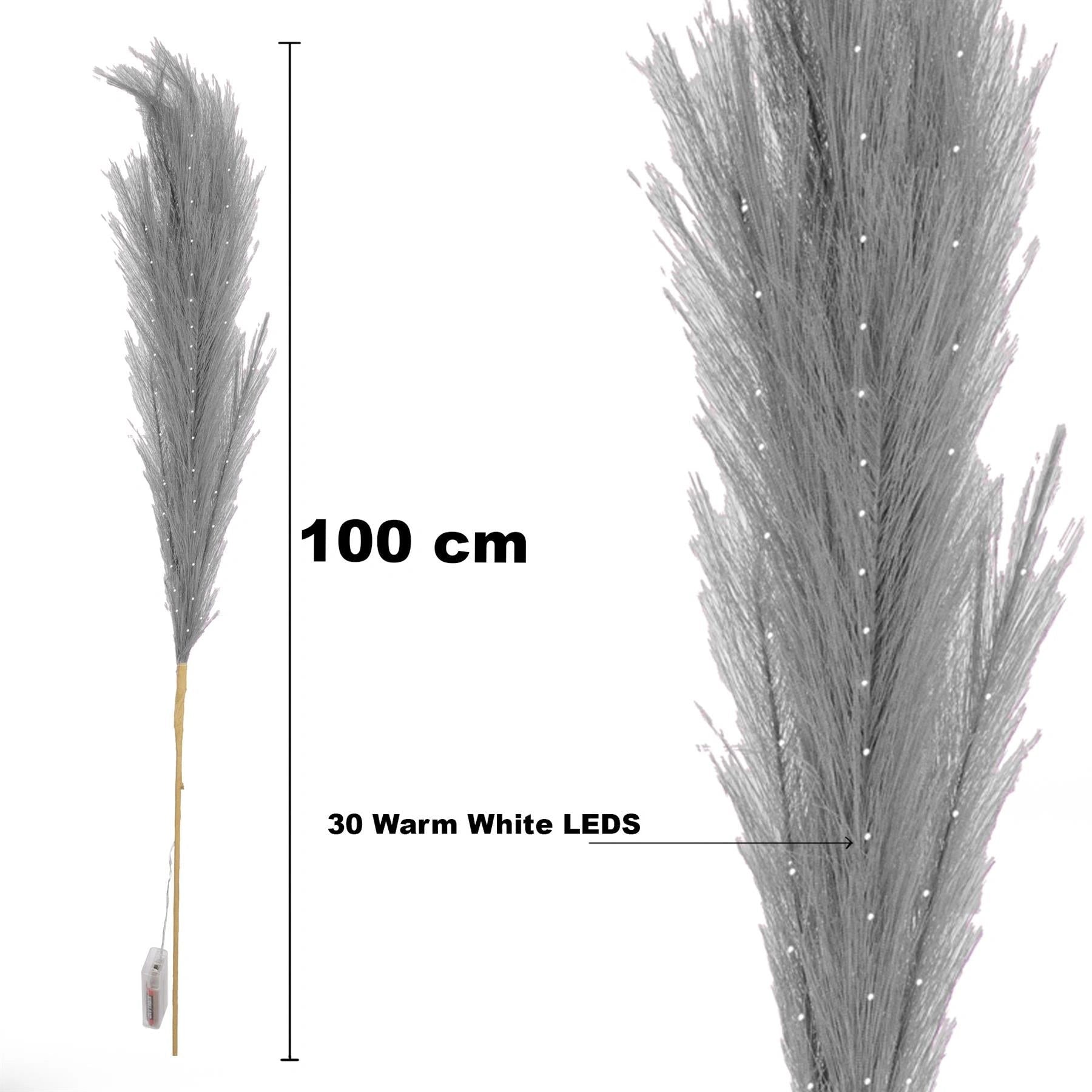 1PC Pampas Grass Stems Feather Christmas Table Decor Pre-Lit LED B/O Grey 100cm