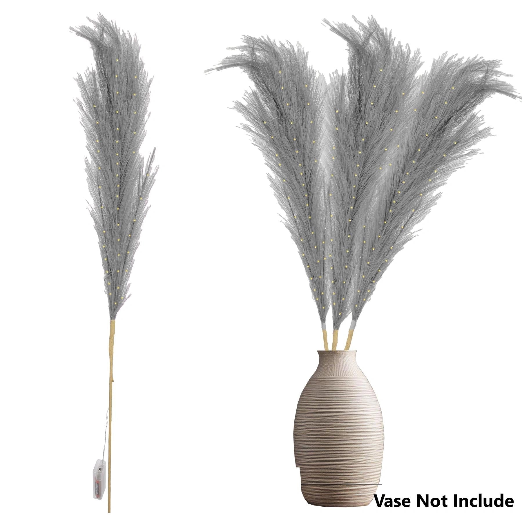 1PC Pampas Grass Stems Feather Christmas Table Decor Pre-Lit LED B/O Grey 100cm