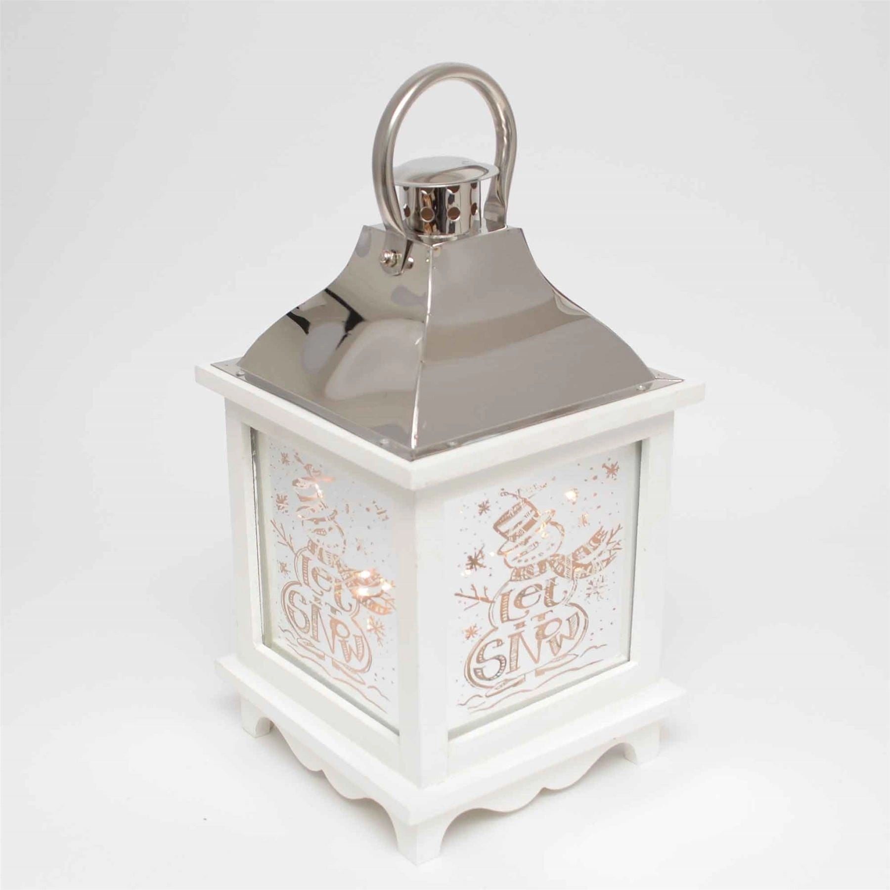Let It Snow White Christmas Lantern Wooden Warm White LED Light Decorations