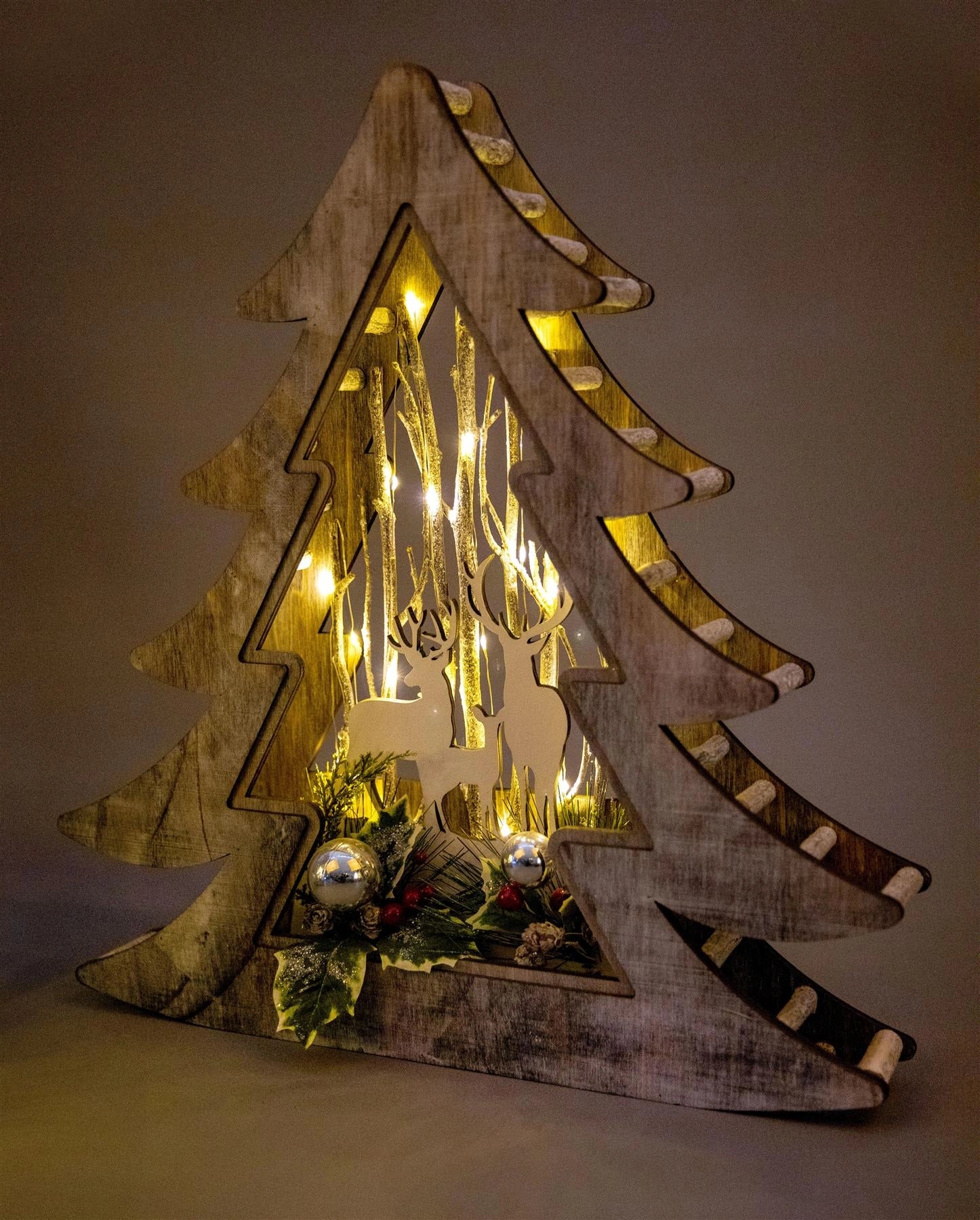 Wooden Reindeer Scene LED Christmas Tabletop Tree Frame 48cm B/O Xmas Home Decor