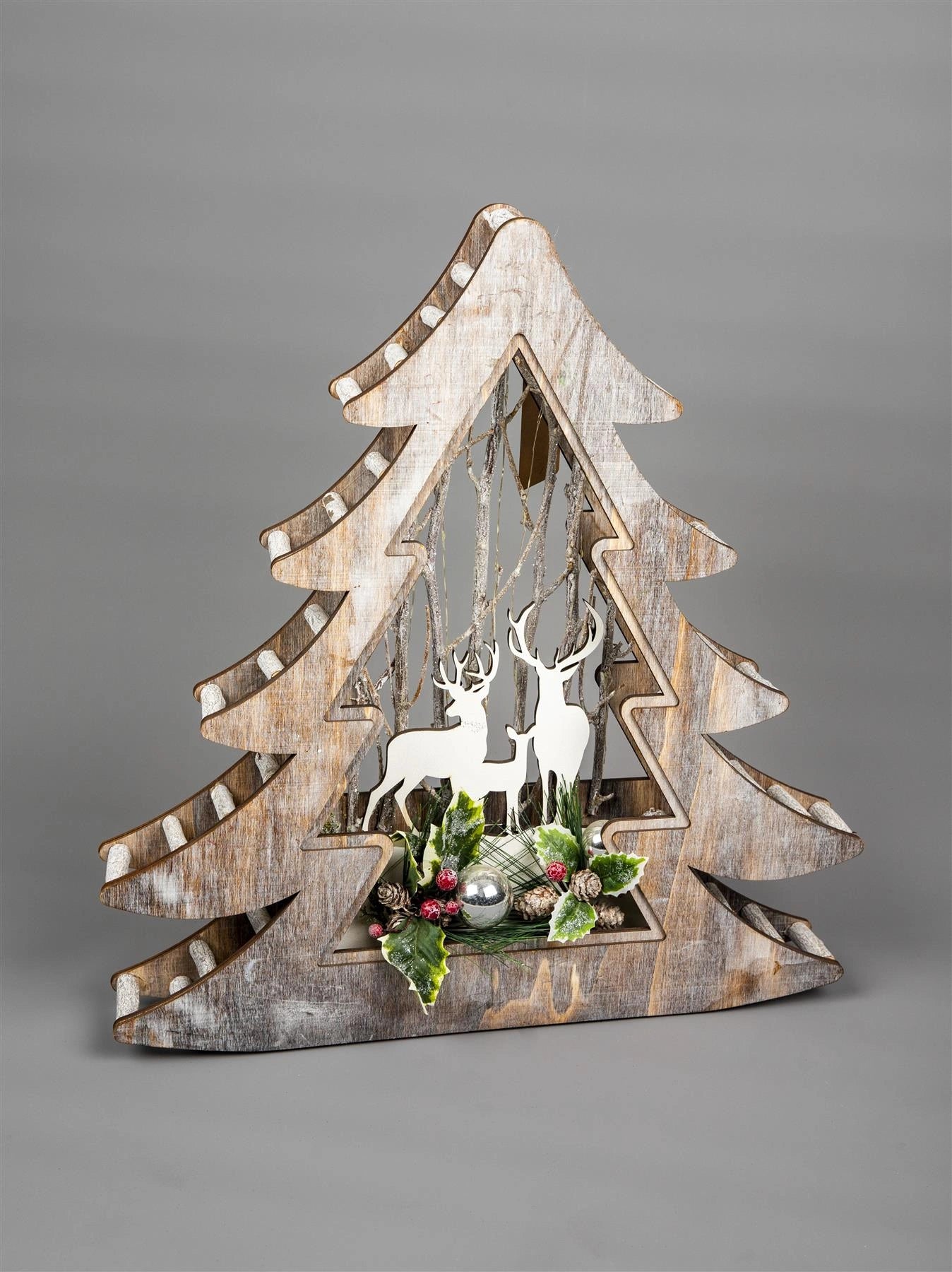 Wooden Reindeer Scene LED Christmas Tabletop Tree Frame 48cm B/O Xmas Home Decor