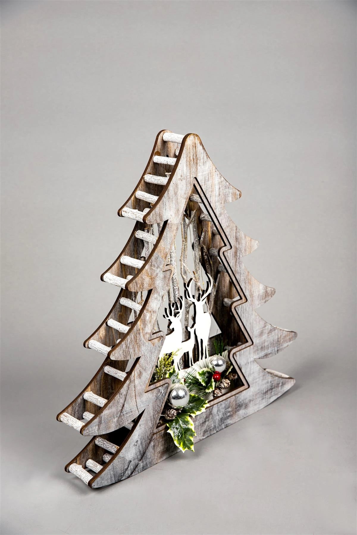 Wooden Reindeer Scene LED Christmas Tabletop Tree Frame 48cm B/O Xmas Home Decor