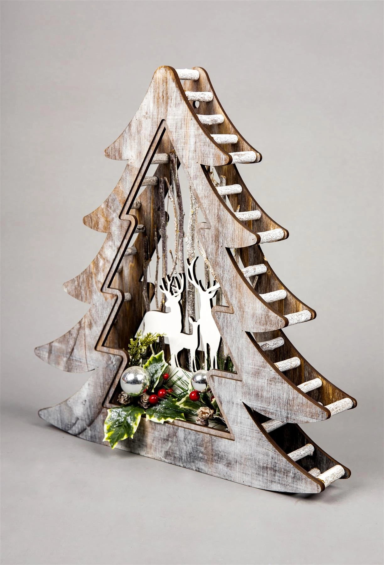 B/O Led Wooden Reindeer Scene - Xmas Tree Shape - W46Xd7Xh48Cm