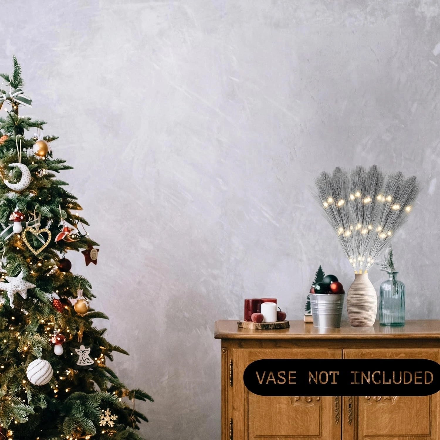 4PCS Pampas Grass Stems Feather Christmas Table Decor Pre-Lit LED B/O Grey 45cm