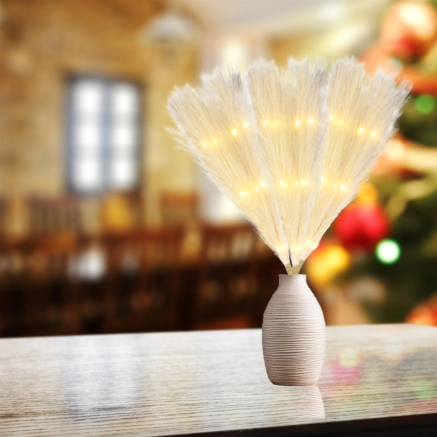 1PC Pampas Grass Stems Feather Christmas Table Decor Pre-Lit LED B/O Cream 45cm
