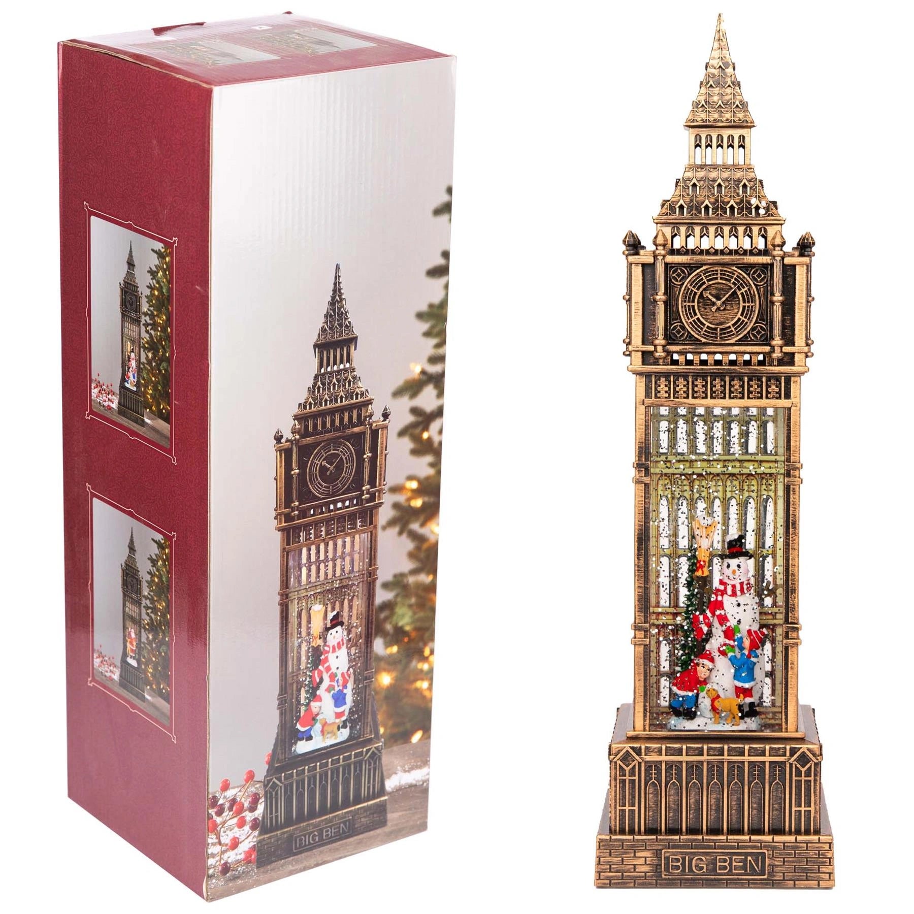 Tabletop Decor Novelty Ornament Snowman Big Ben Tower Snow Globe Water Spinner