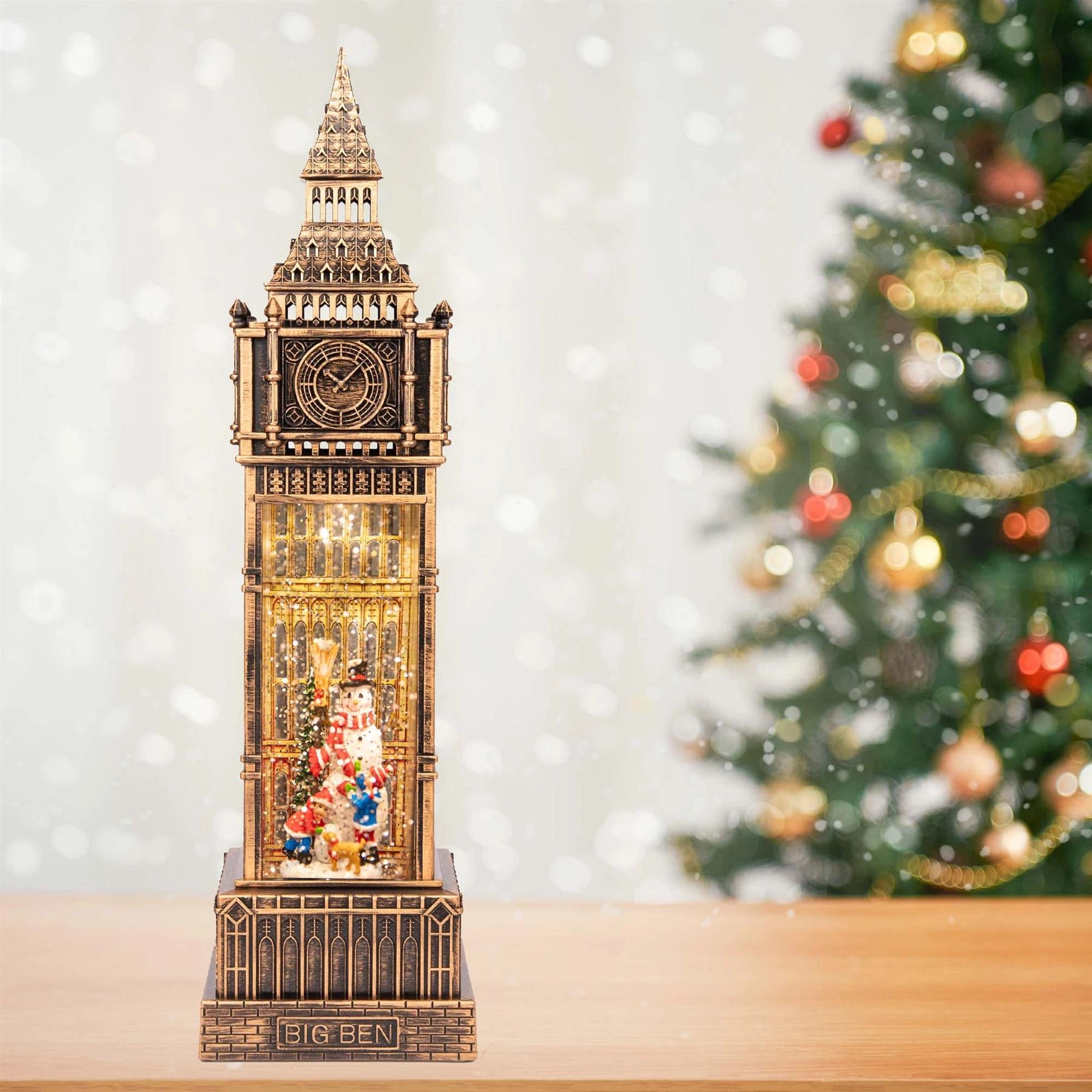 Tabletop Decor Novelty Ornament Snowman Big Ben Tower Snow Globe Water Spinner