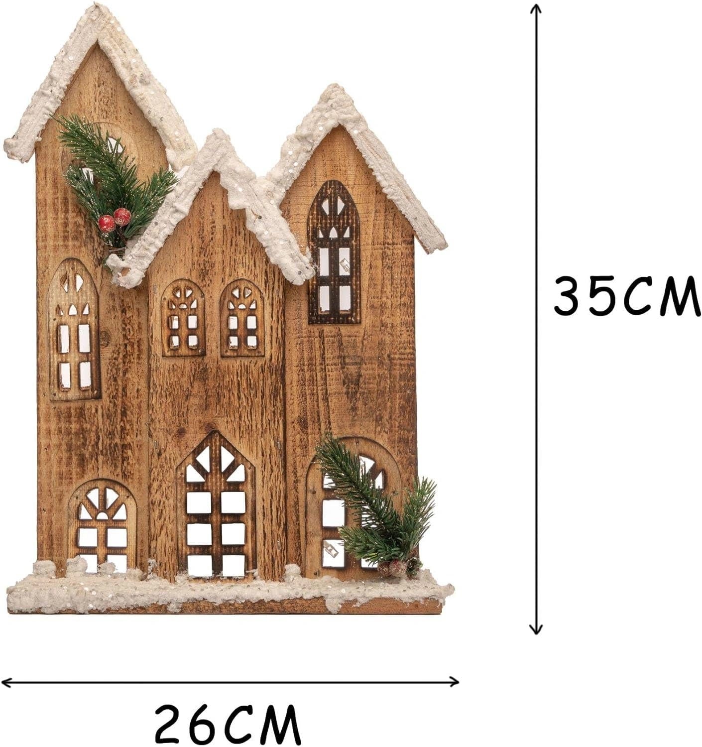 Christmas Tabletop LED Wooden House 35cm Snowy Brown Centerpiece Xmas Decoration