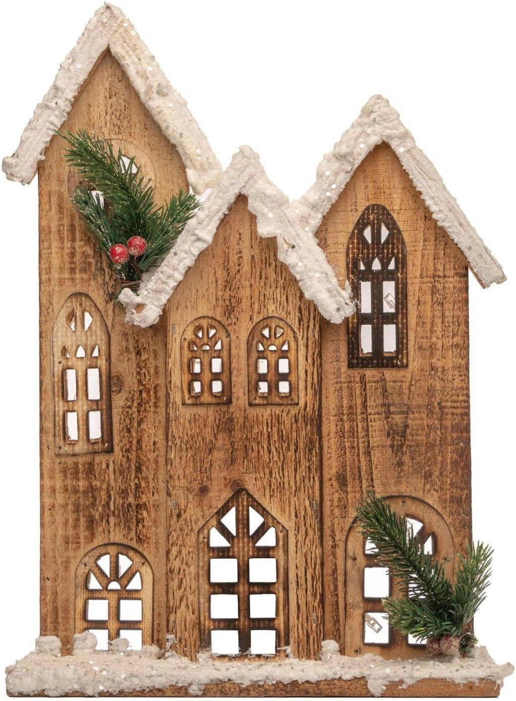 Christmas Tabletop LED Wooden House 35cm Snowy Brown Centerpiece Xmas Decoration