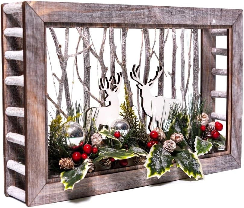 38cm Wooden Christmas Reindeer Scene Table Top B/O Rectangle  Xmas Home Decor UK