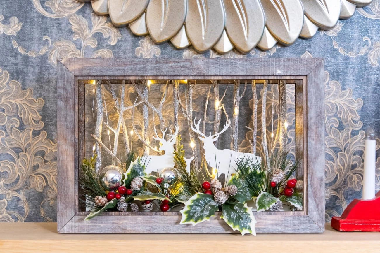 38cm Wooden Christmas Reindeer Scene Table Top B/O Rectangle  Xmas Home Decor UK