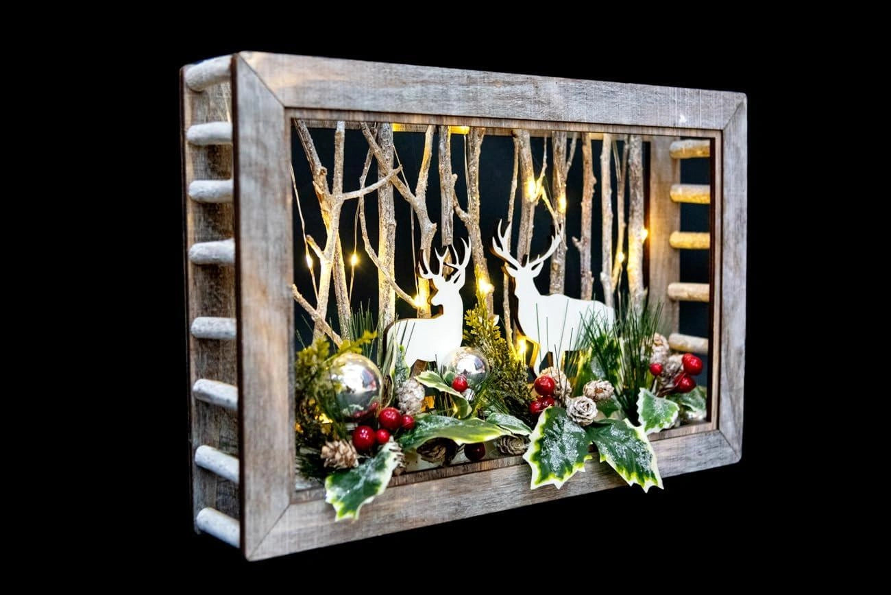 38cm Wooden Christmas Reindeer Scene Table Top B/O Rectangle  Xmas Home Decor UK