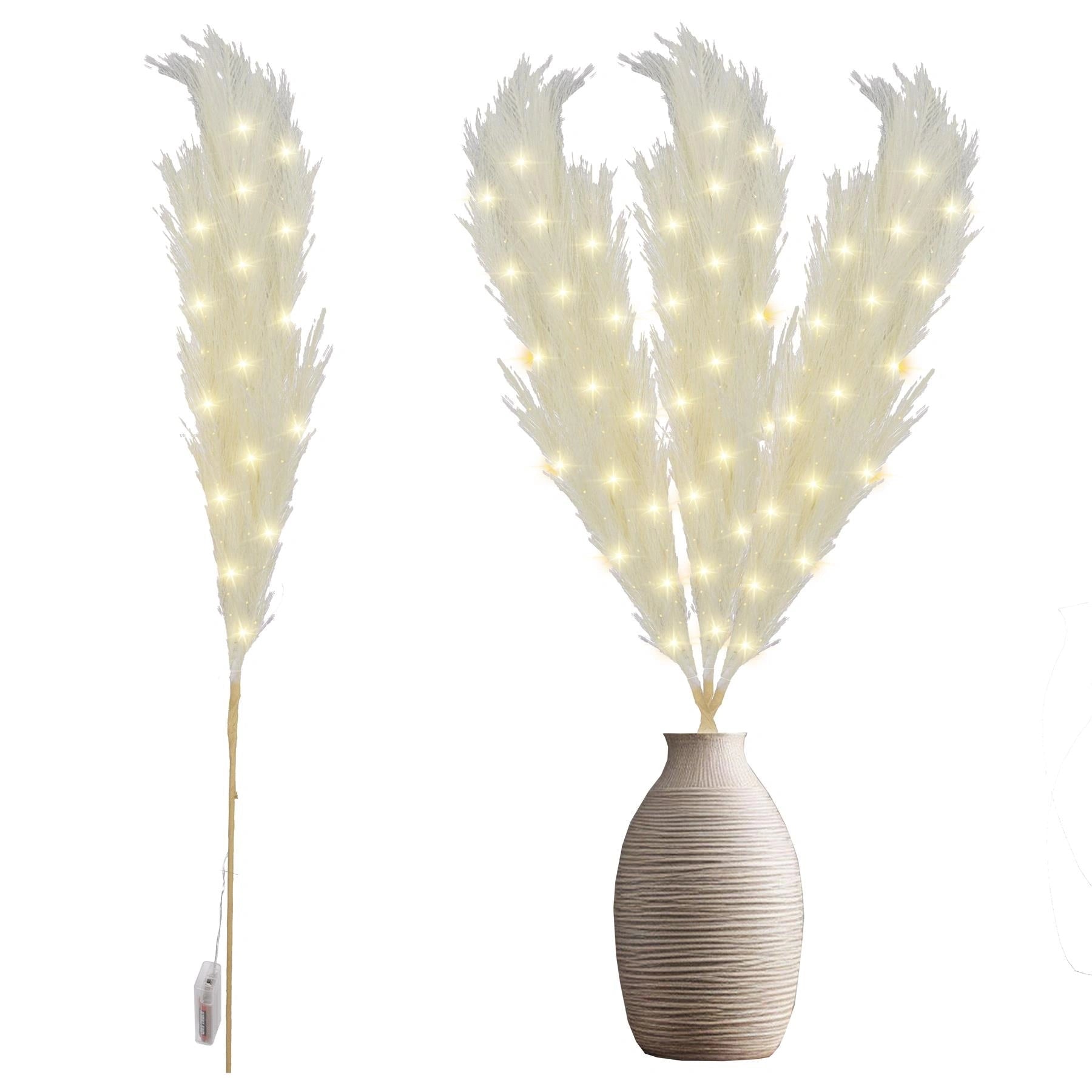 2PCS Pampas Grass Stem Feather Christmas Table Decor Pre-Lit LED B/O Cream 100cm