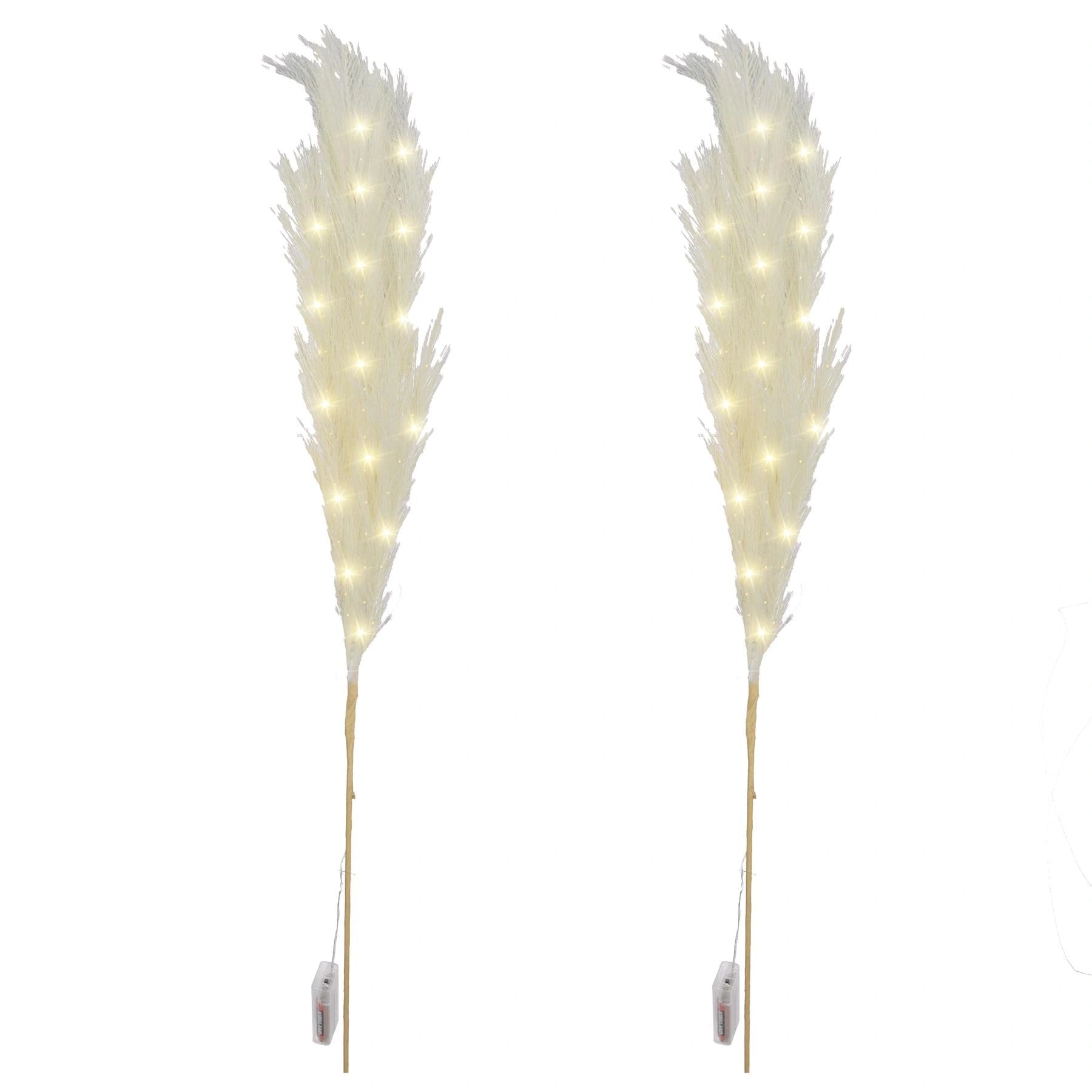 2PCS Pampas Grass Stem Feather Christmas Table Decor Pre-Lit LED B/O Cream 100cm