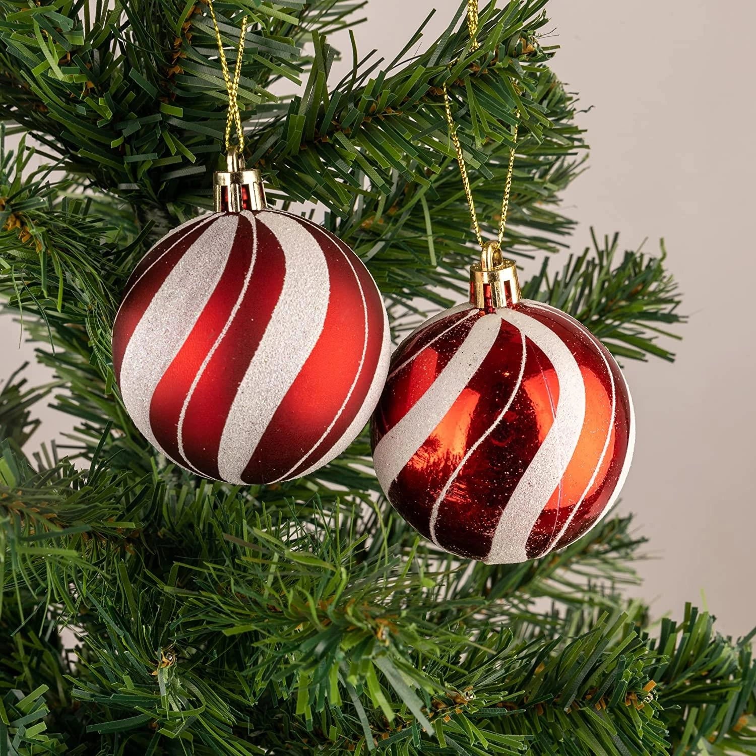 12XChristmas Baubles Tree Ornament Red White Strips Ball Xmas Hanging Decor 50mm