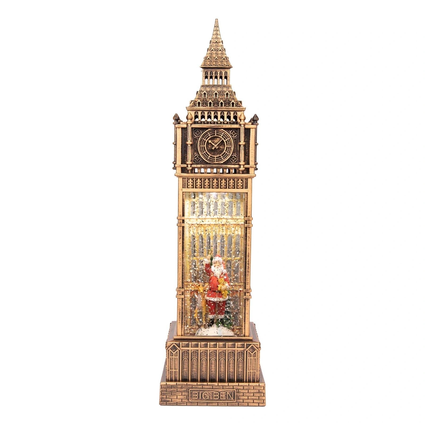 LED Santa Scene Big Ben Tower Snow Globe Musical Water Spinner Tabletop Decor