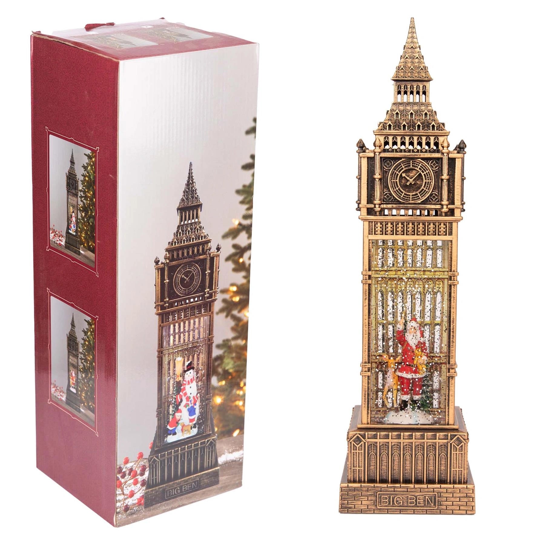LED Santa Scene Big Ben Tower Snow Globe Musical Water Spinner Tabletop Decor