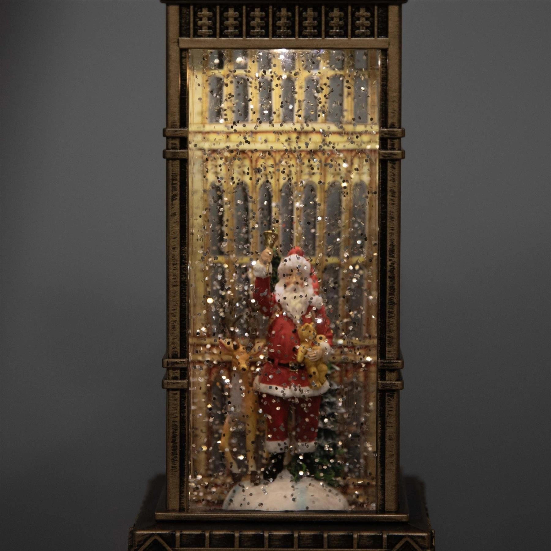 LED Santa Scene Big Ben Tower Snow Globe Musical Water Spinner Tabletop Decor