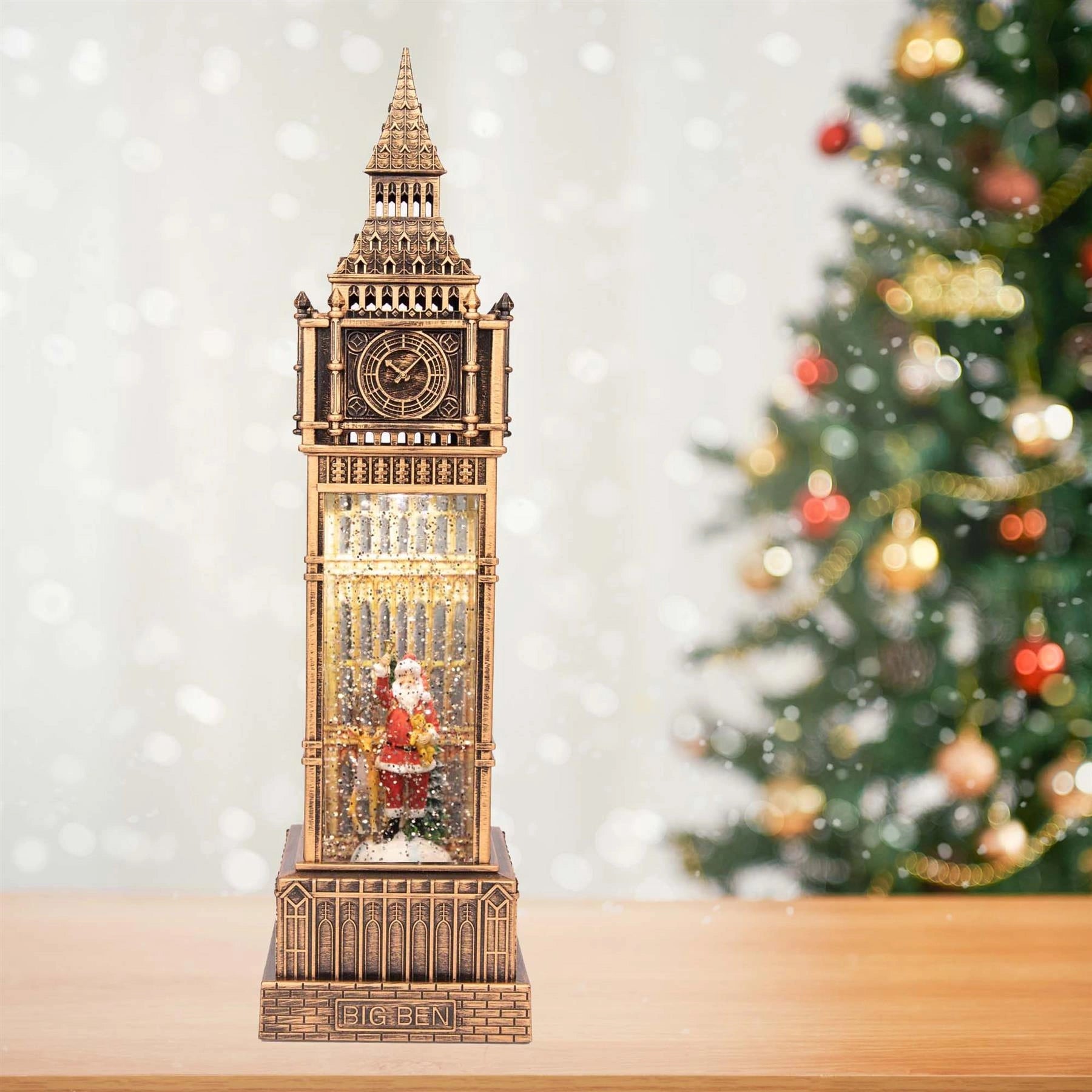 LED Santa Scene Big Ben Tower Snow Globe Musical Water Spinner Tabletop Decor