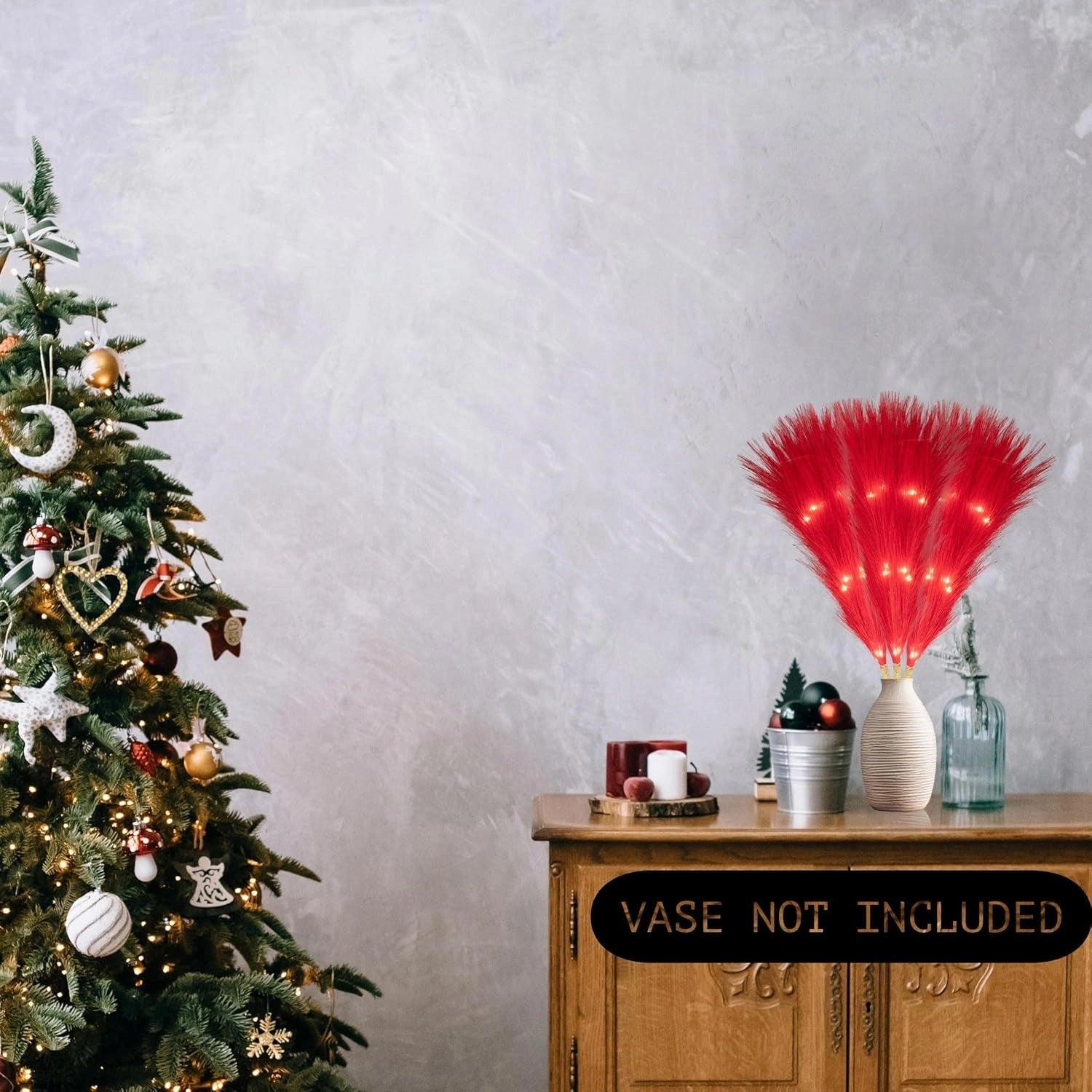4PCS Pampas Grass Stems Feather Christmas Table Decor Pre-Lit LED B/O Red 45cm
