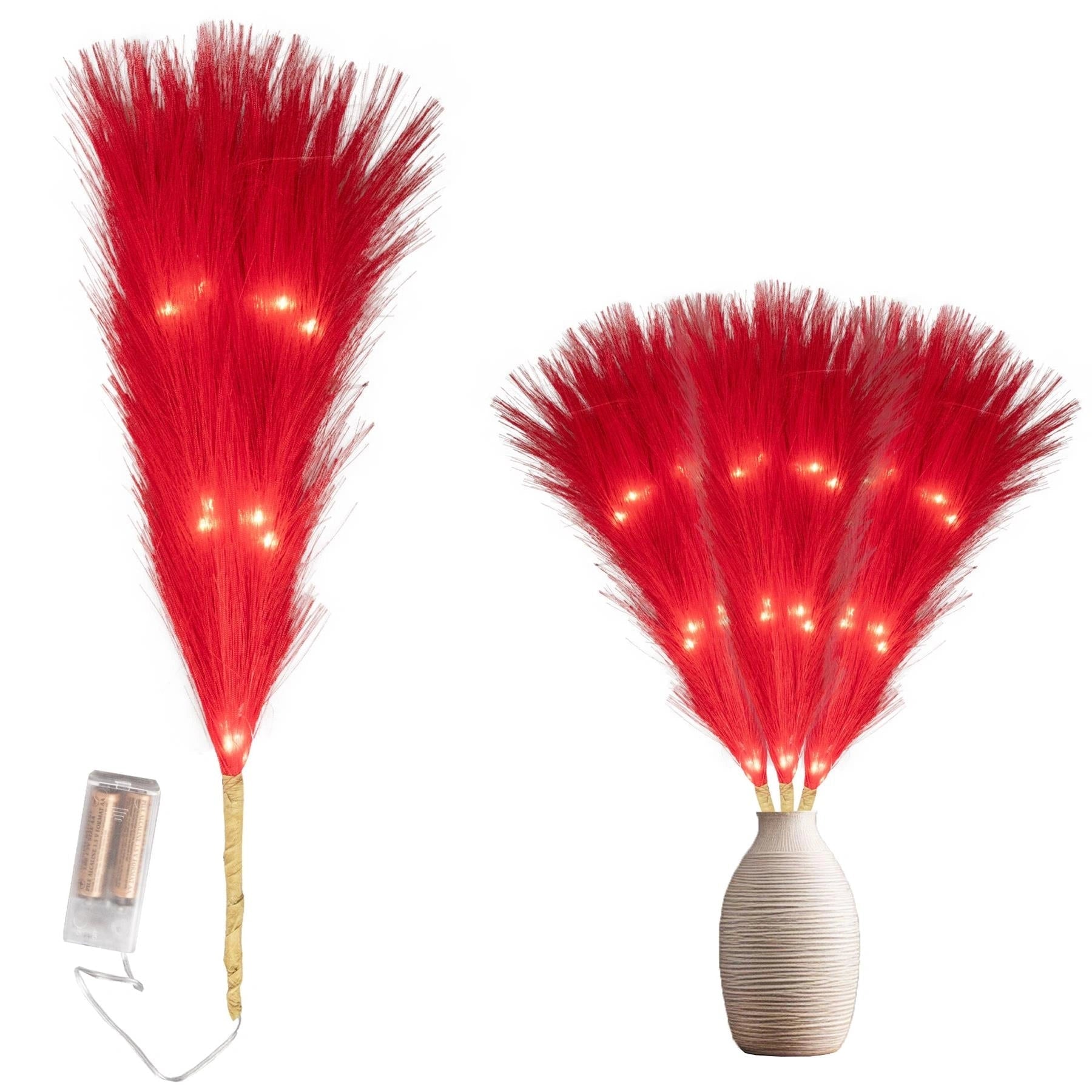 4PCS Pampas Grass Stems Feather Christmas Table Decor Pre-Lit LED B/O Red 45cm