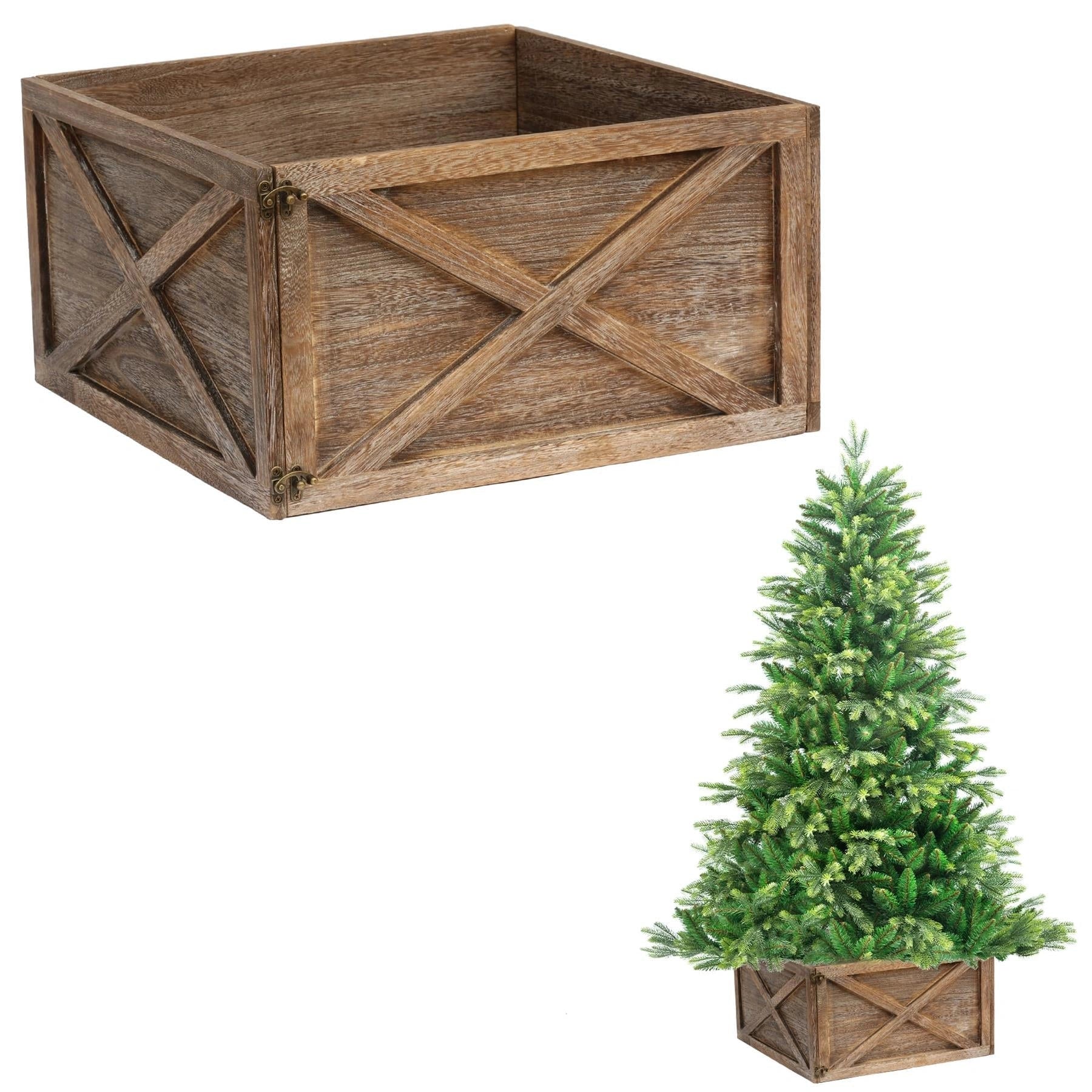 Christmas Tree Collar Foldable Wooden Box Stand Cover Brown Xmas Tree Decor 45cm