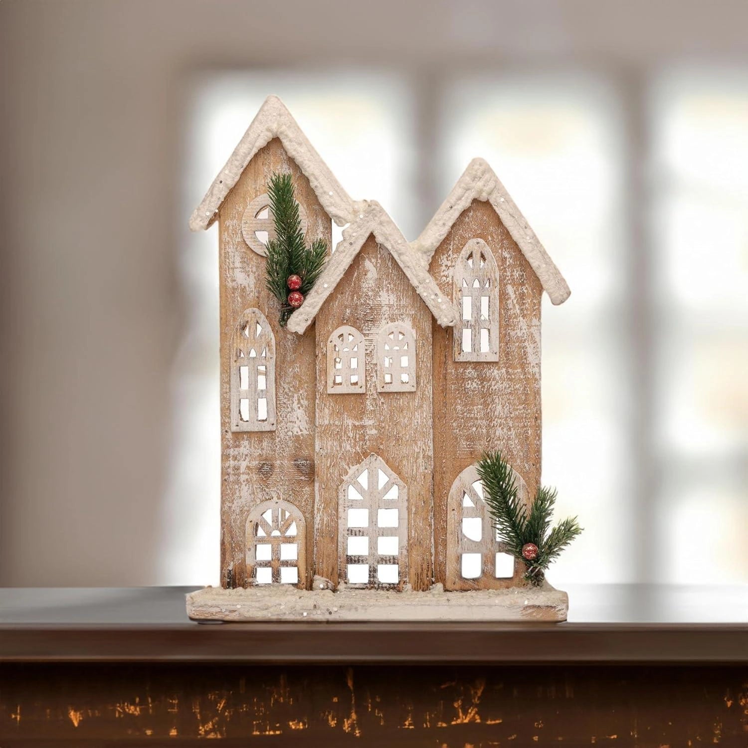 Christmas Tabletop LED Wooden House 35cm Snow Rustic Centerpiece Xmas Decoration