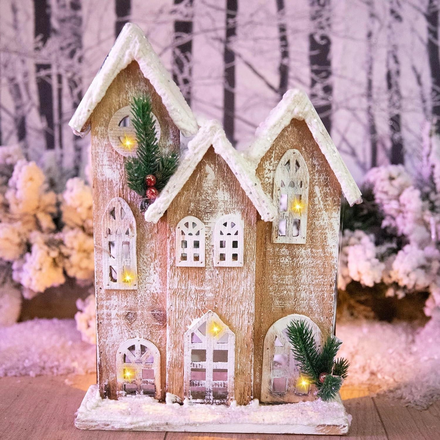 Christmas Tabletop LED Wooden House 35cm Snow Rustic Centerpiece Xmas Decoration