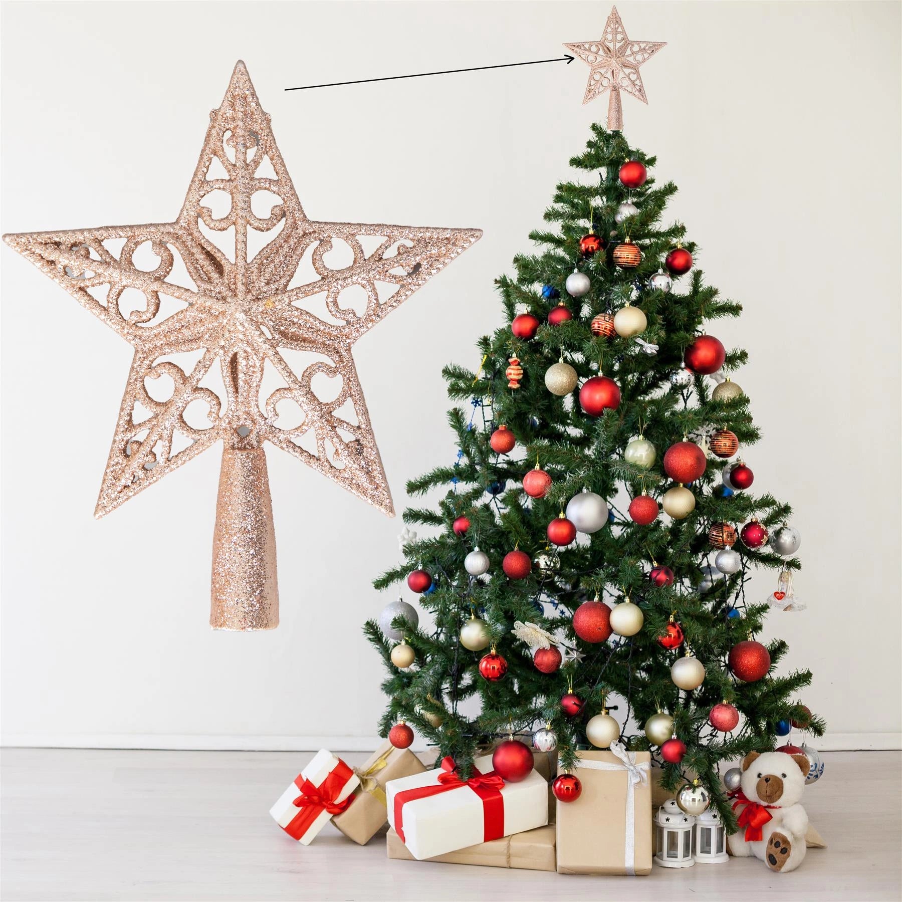 Christmas Star Tree Topper Rose Gold Glitter Crown Xmas Ornaments Decor 14.5cm
