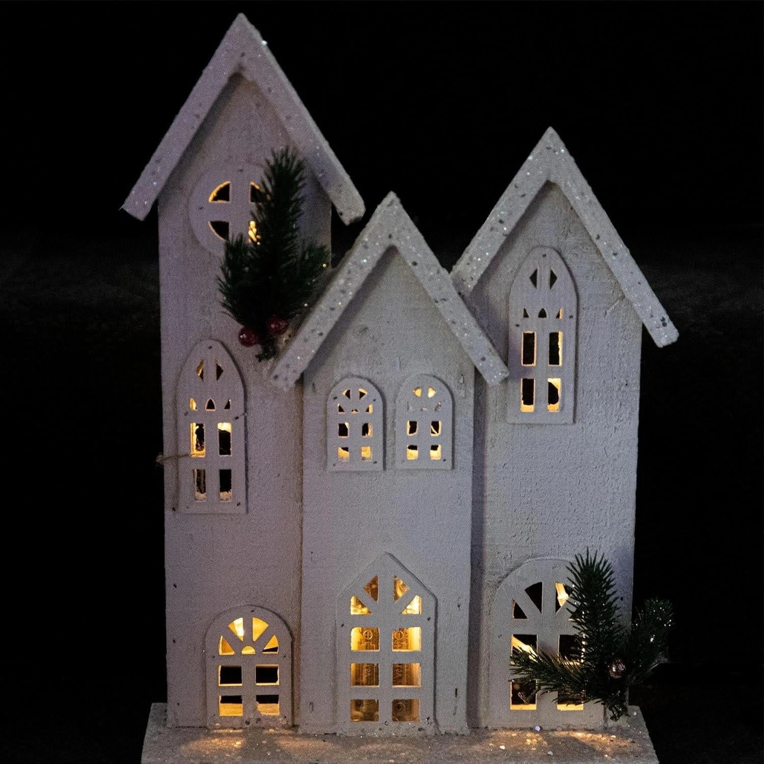 Christmas Tabletop LED Wooden House 35cm Snowy White Centerpiece Xmas Decoration