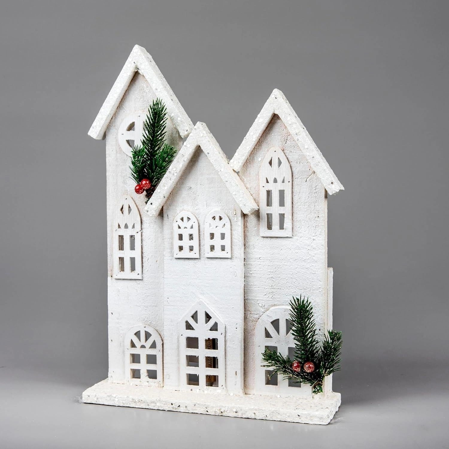 Christmas Tabletop LED Wooden House 35cm Snowy White Centerpiece Xmas Decoration