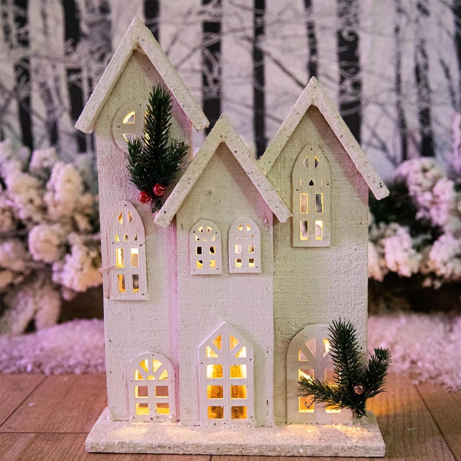 Christmas Tabletop LED Wooden House 35cm Snowy White Centerpiece Xmas Decoration