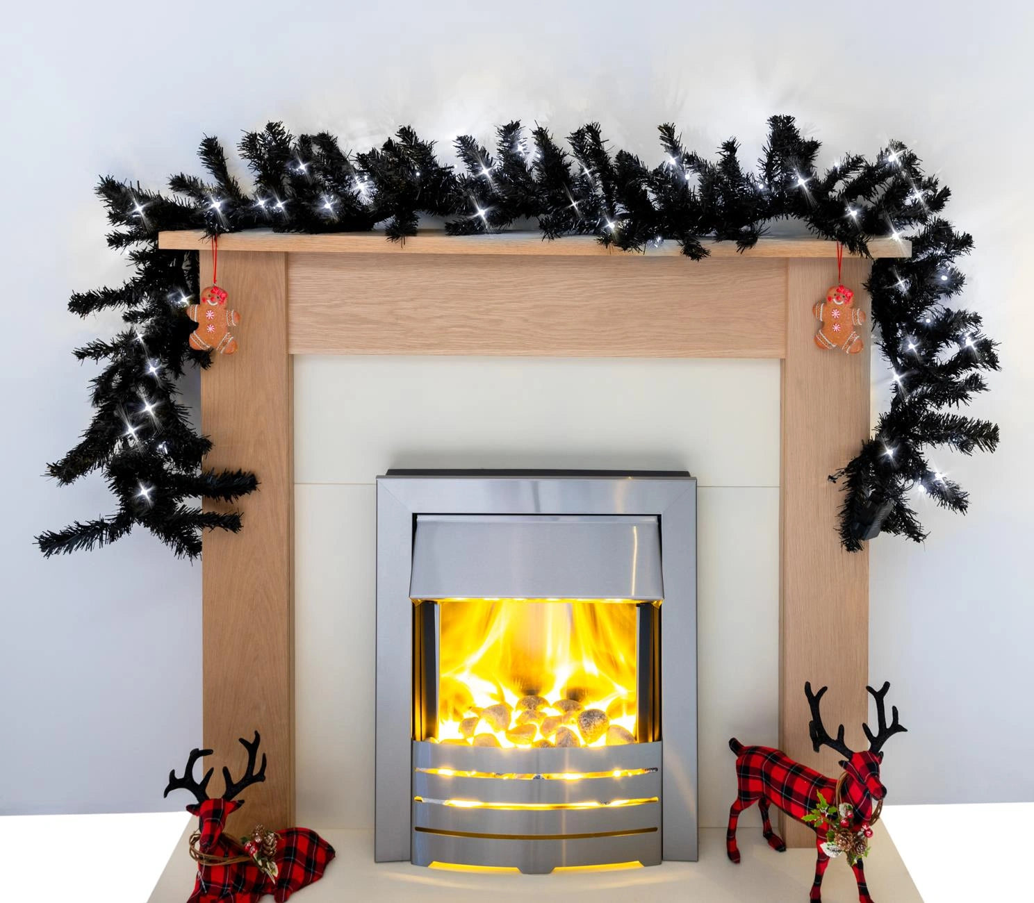 Black Christmas Garland Pre Lit Artificial Bushy Wall Door XMAS Home Decor 2M UK