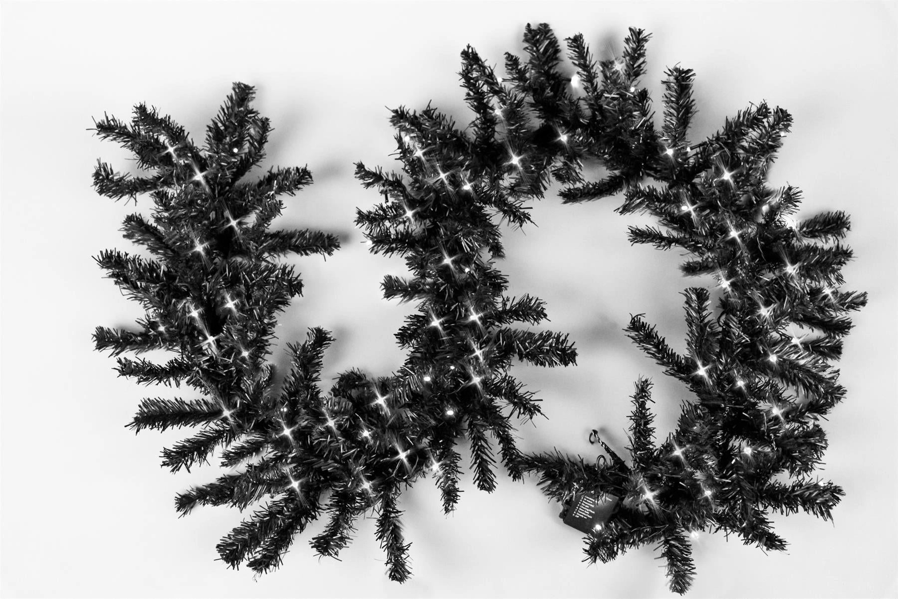 Black Christmas Garland Pre Lit Artificial Bushy Wall Door XMAS Home Decor 2M UK