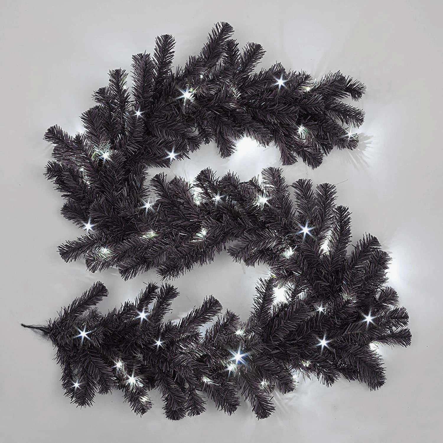 Black Christmas Garland Pre Lit Artificial Bushy Wall Door XMAS Home Decor 2M UK