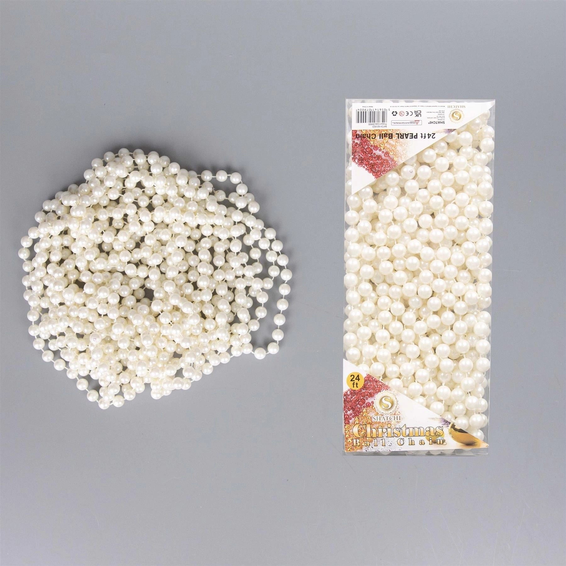 Pearl White Christmas Tree Decoration Bead Garland - 24ft DIY Festive Decor