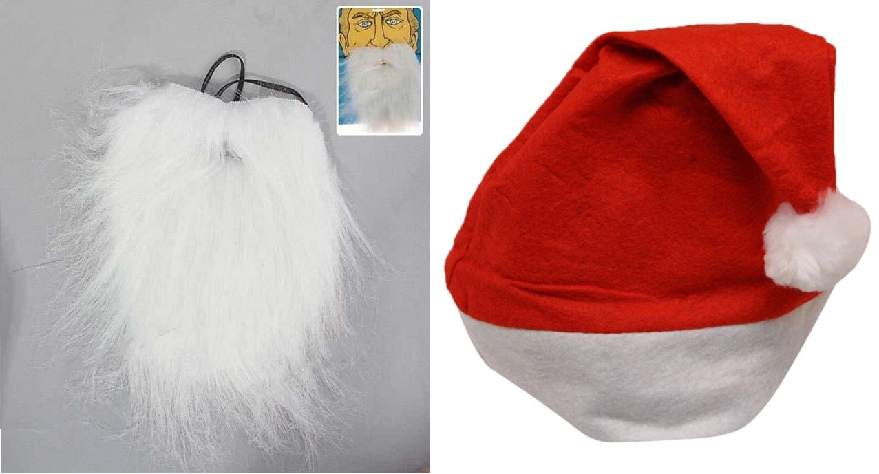 Plush Santa Hat With Beard Attached, One Size Fits Most Adults, Great Fancy Dress