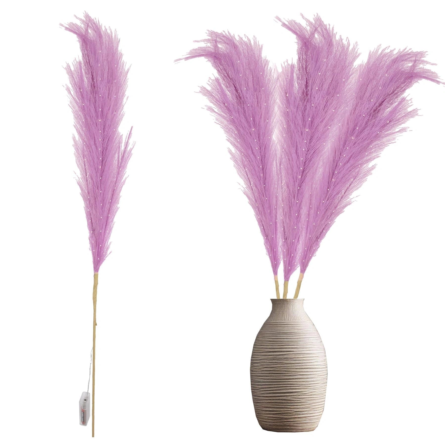 1PC Pampas Grass Stems Feather Christmas Table Decor Pre-Lit LED B/O Pink 100cm
