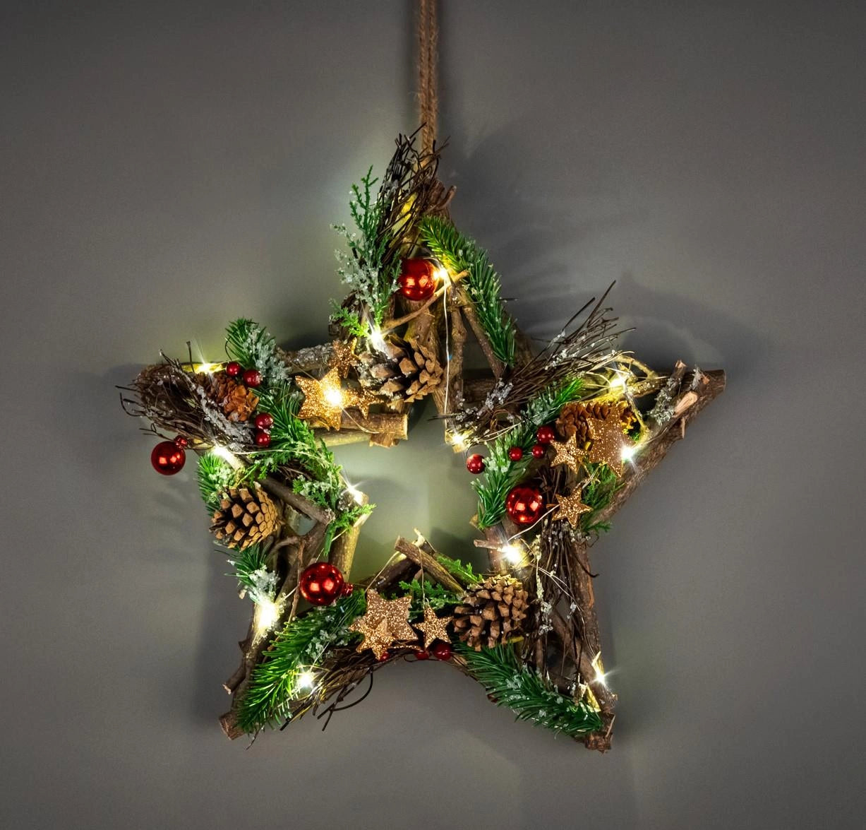 35cm Christmas Wreath Star LED Red Baubles Stars Wooden Twig Hanging Xmas Decor