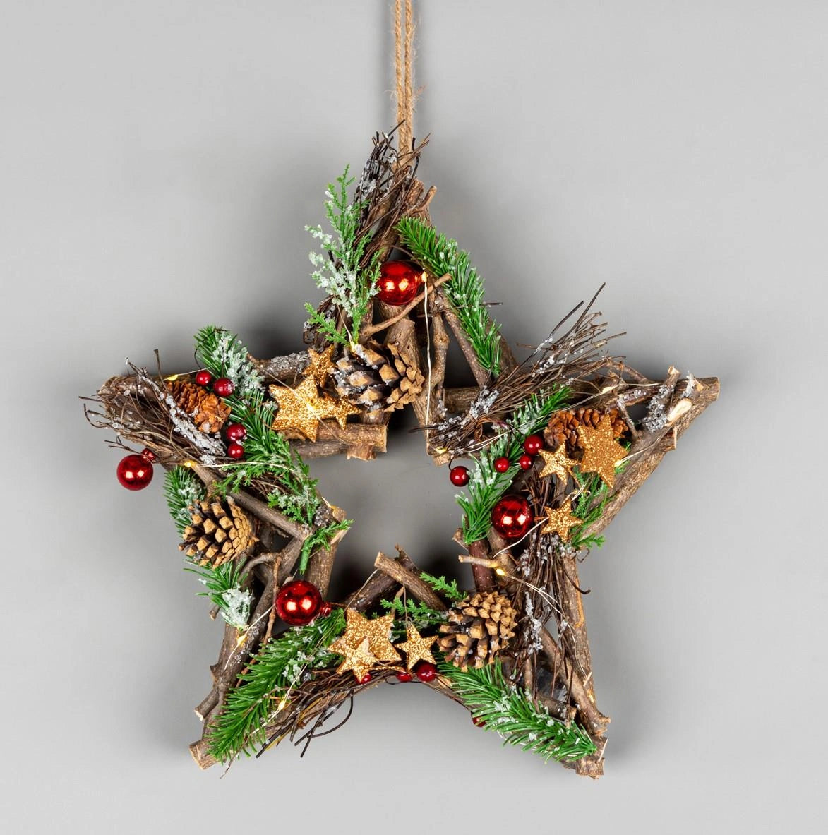 35cm Christmas Wreath Star LED Red Baubles Stars Wooden Twig Hanging Xmas Decor
