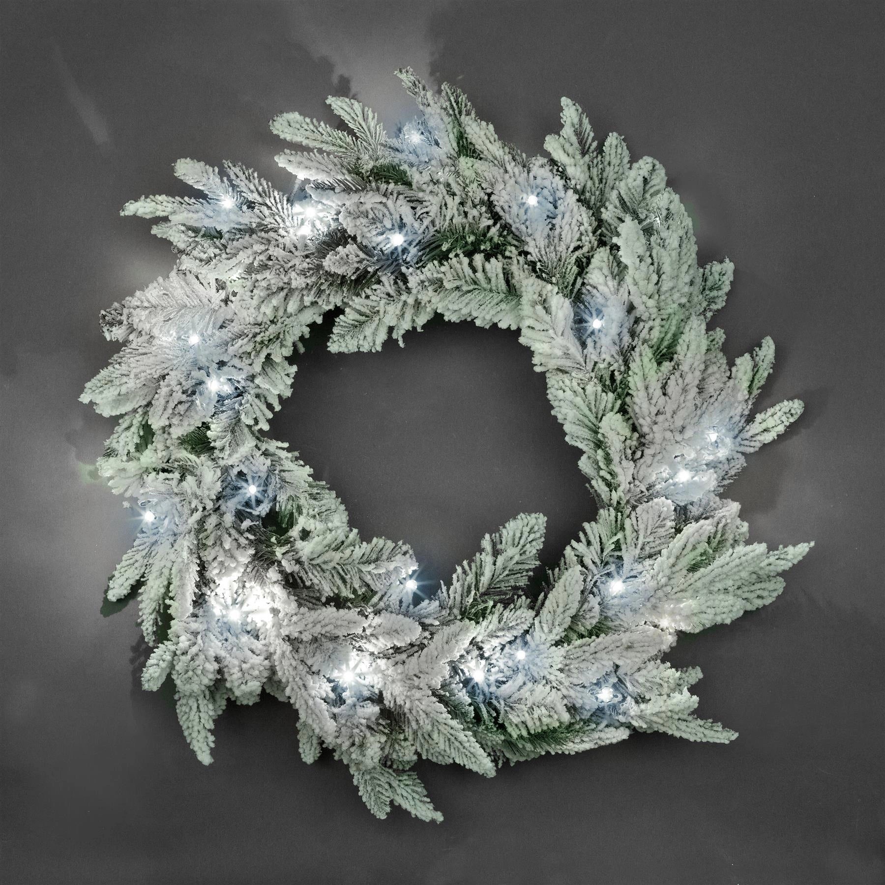 Pre Lit Christmas Wreath Snow Covered Pine Bushy Wall Door Xmas Home Decor 55CM