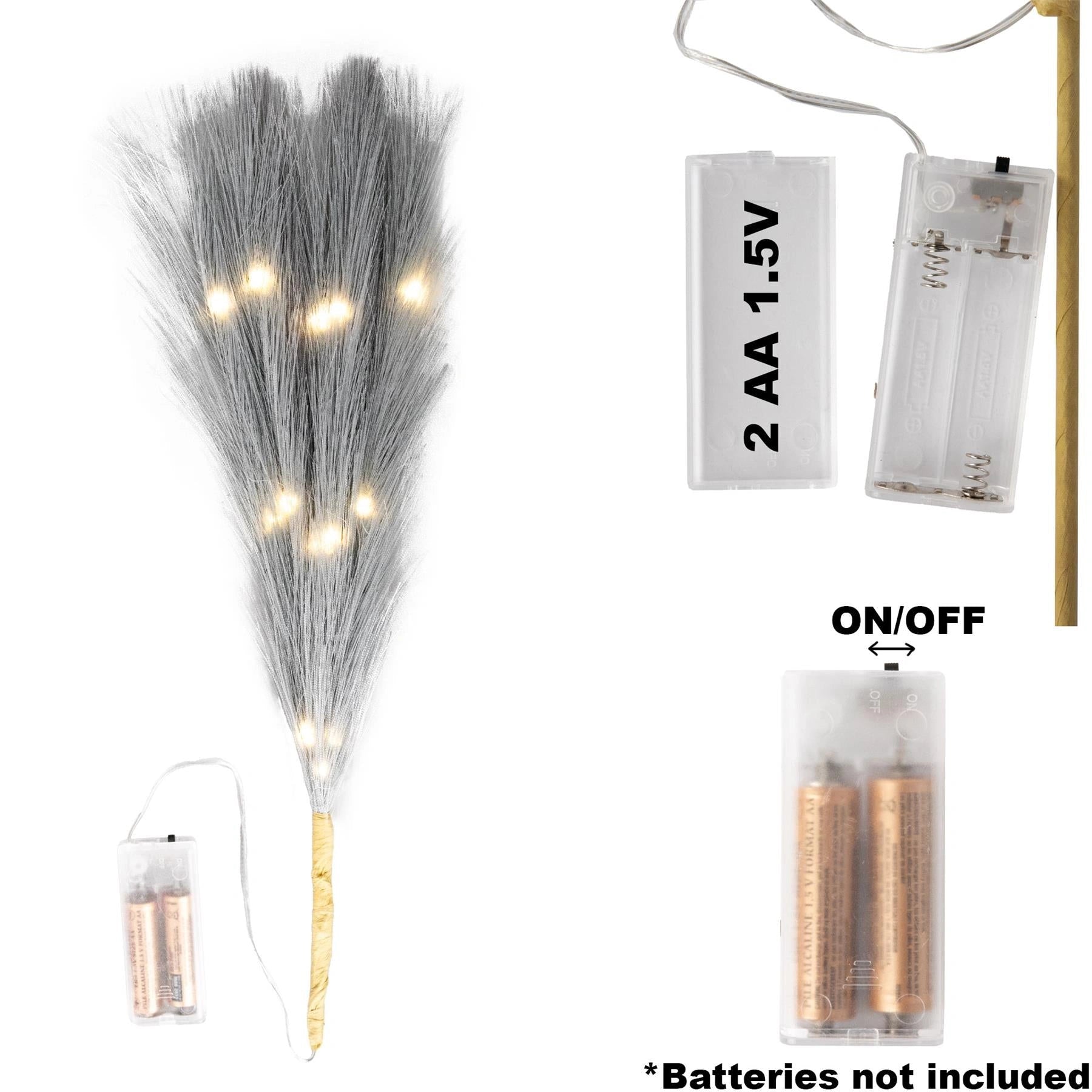 1PC Pampas Grass Stems Feather Christmas Table Decor Pre-Lit LED B/O Grey 45cm