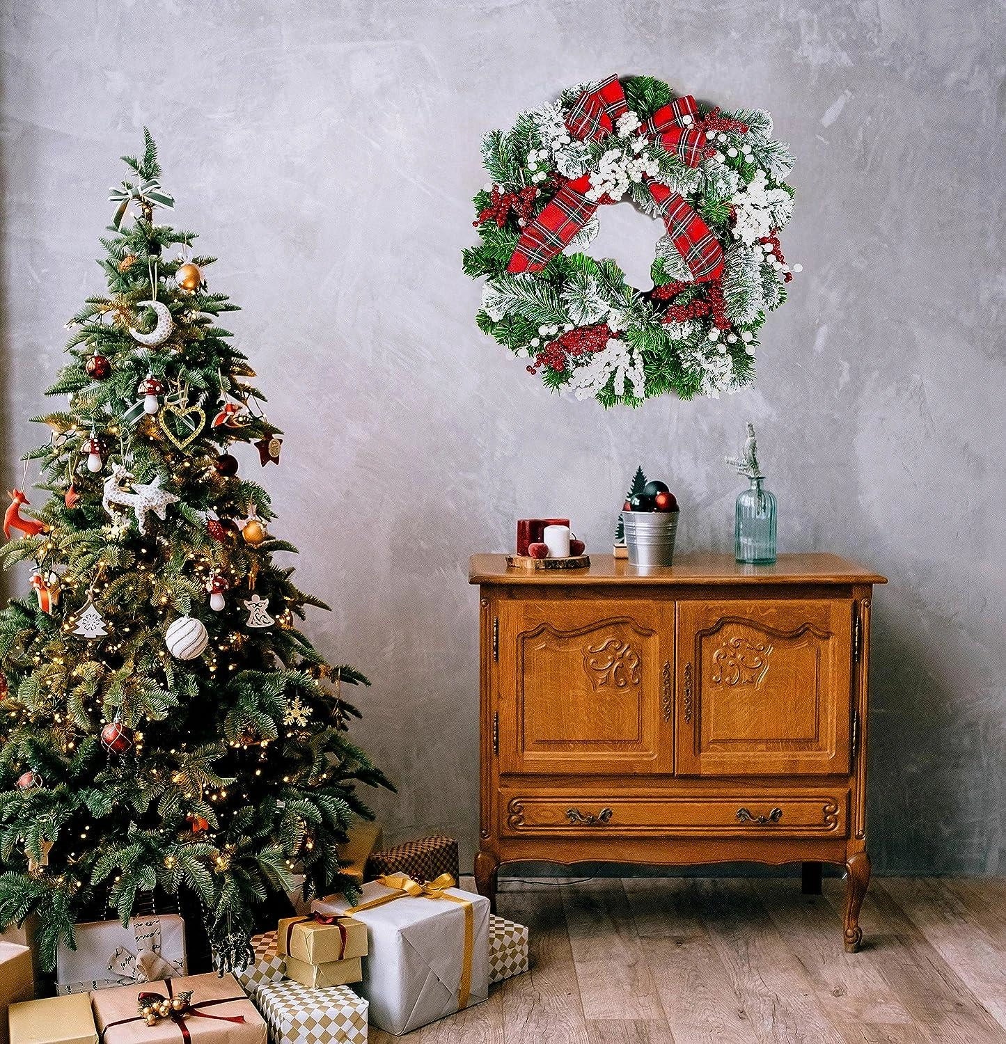 60cm Christmas Wreath PreLit Tartan Ribbon Berry Door Wall Home Hanging Ornament