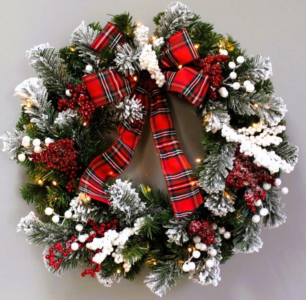 60cm Christmas Wreath PreLit Tartan Ribbon Berry Door Wall Home Hanging Ornament