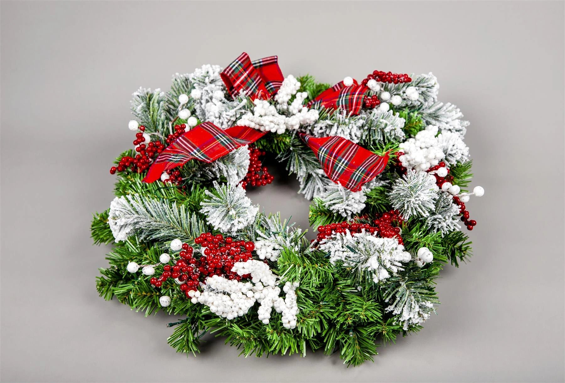 60cm Christmas Wreath PreLit Tartan Ribbon Berry Door Wall Home Hanging Ornament