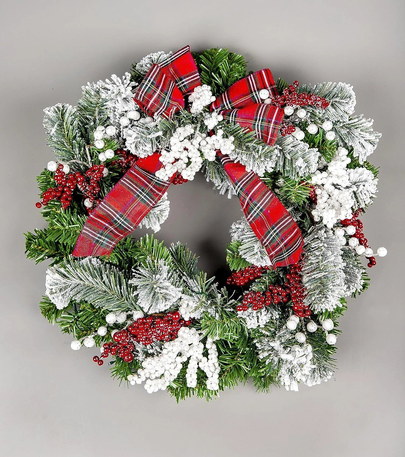 60cm Christmas Wreath PreLit Tartan Ribbon Berry Door Wall Home Hanging Ornament